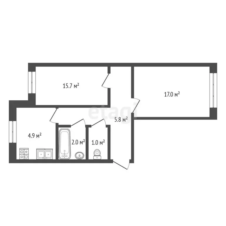 Квартира, 2 комнаты, 46.7 м - Фото 1