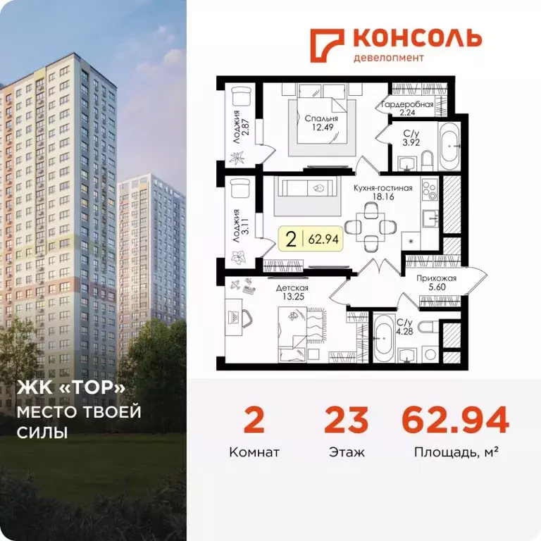 2-к кв. Тульская область, Тула Тор жилой комплекс (62.94 м) - Фото 1