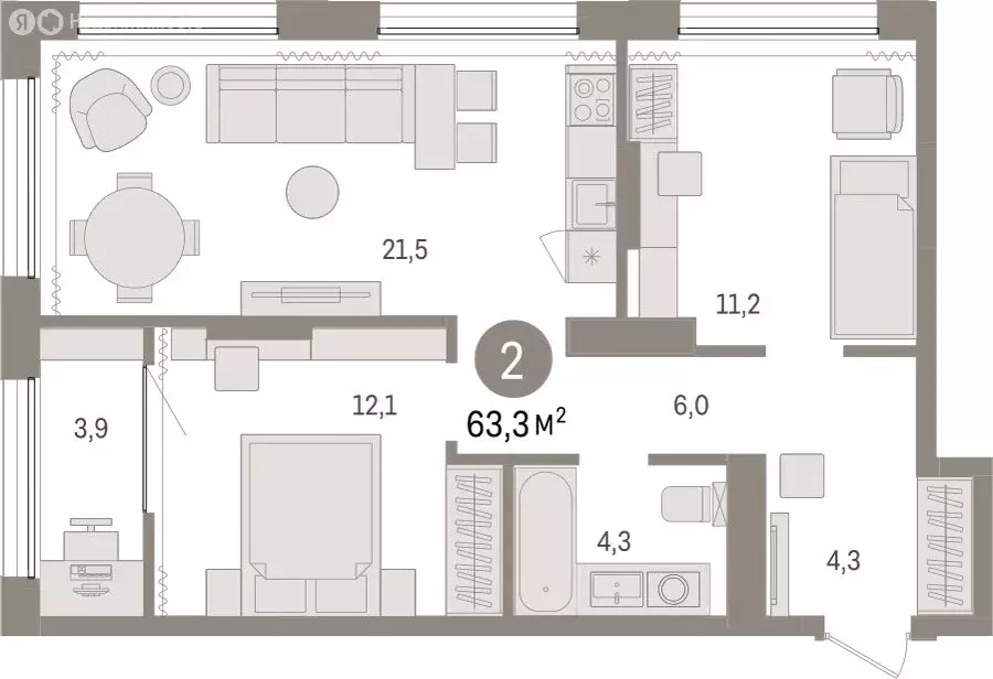 2-комнатная квартира: Тюмень, Краснооктябрьская улица, 4к3 (63.27 м) - Фото 1