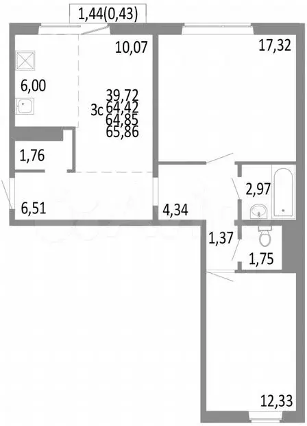 3-к. квартира, 64,9м, 4/10эт. - Фото 0