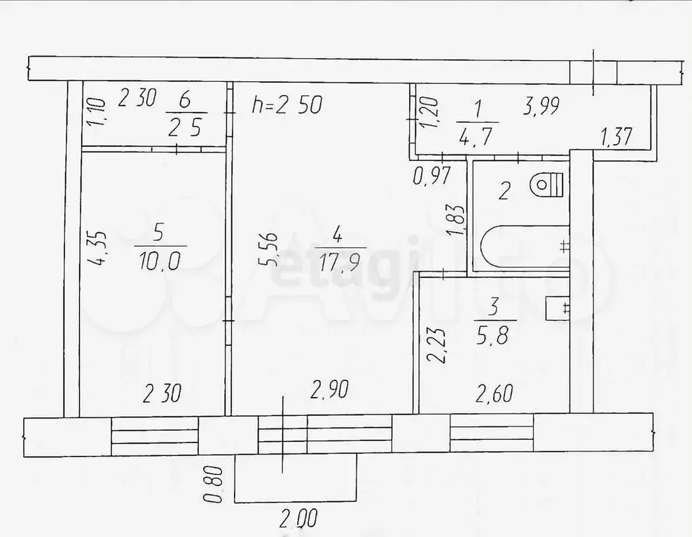 2-к. квартира, 43,8 м, 4/5 эт. - Фото 0