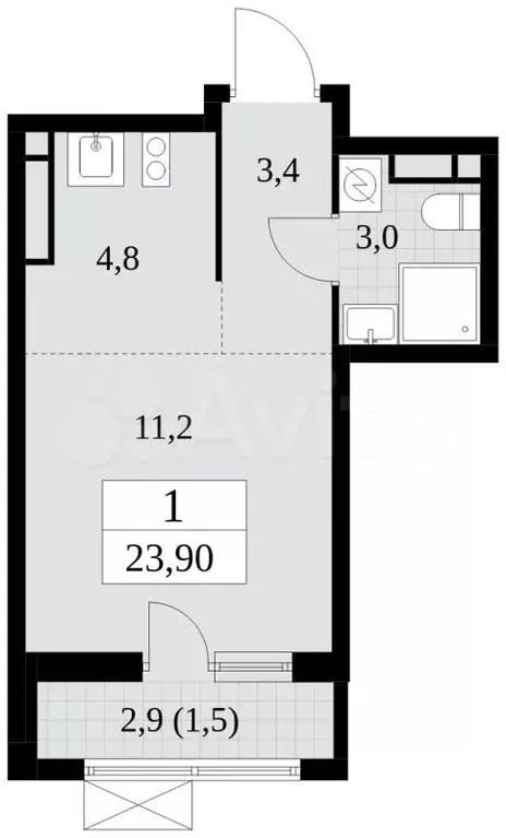 Квартира-студия, 23,9м, 12/16эт. - Фото 1