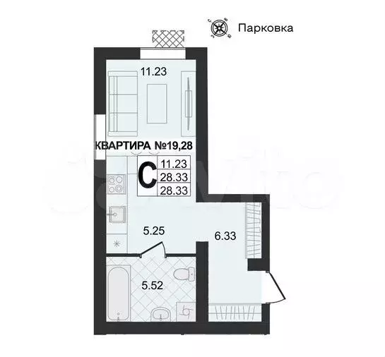 Квартира-студия, 28,3 м, 1/4 эт. - Фото 0