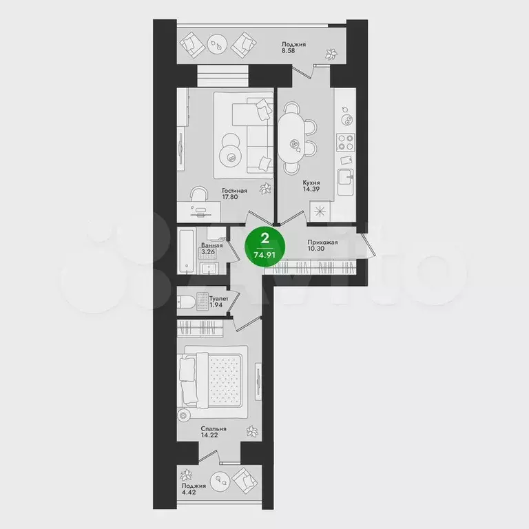2-к. квартира, 74,9 м, 5/9 эт. - Фото 0