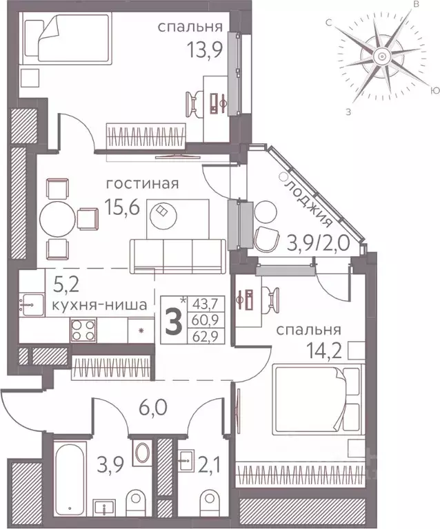 Студия Пермский край, Пермь ул. Серебристая, 3 (62.9 м) - Фото 1