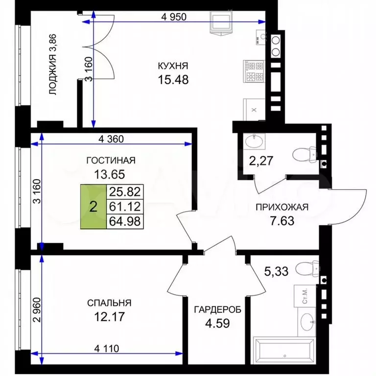 2-к. квартира, 65м, 6/7эт. - Фото 1