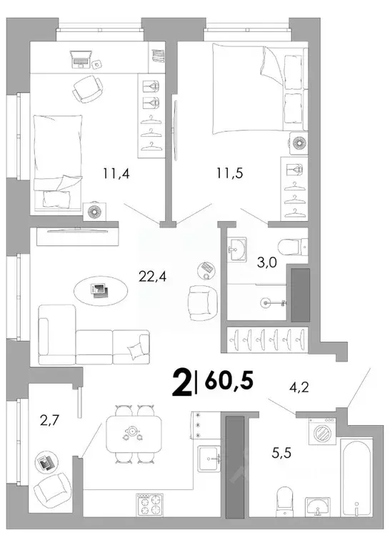 2-к кв. Владимирская область, Владимир Уно жилой комплекс (60.53 м) - Фото 1