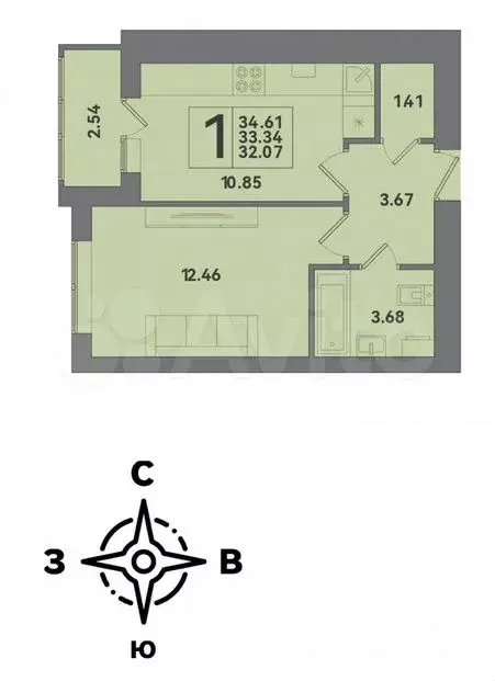 1-к. квартира, 34,6м, 8/9эт. - Фото 1