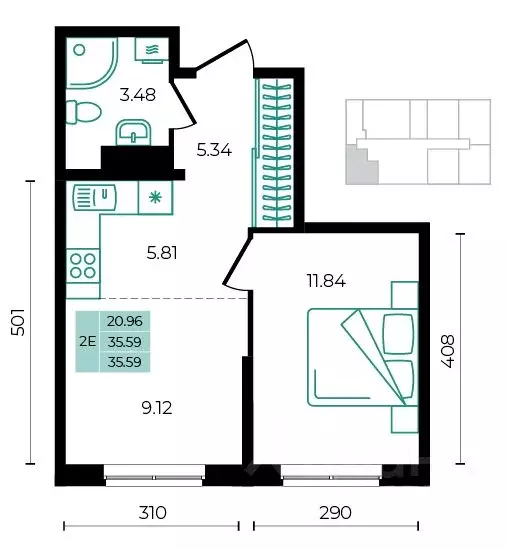 2-к кв. Адыгея, Майкопский район, пос. Тульский ул. Заречная (35.59 м) - Фото 0