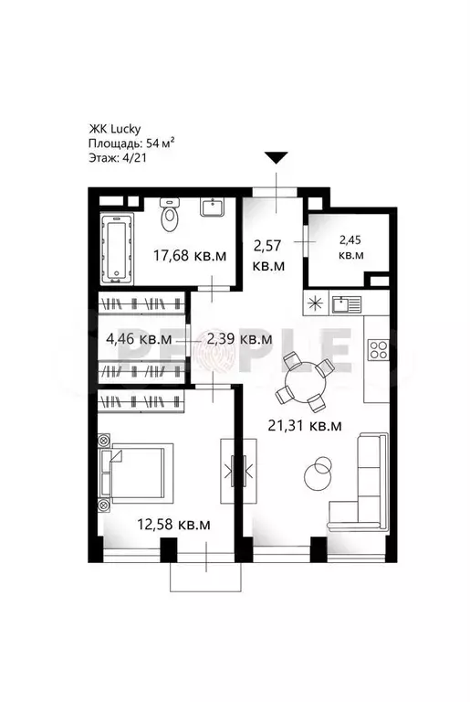 2-к. квартира, 54 м, 4/21 эт. - Фото 0