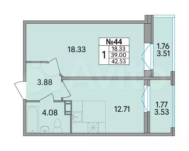 1-к. квартира, 42,5 м, 4/8 эт. - Фото 0