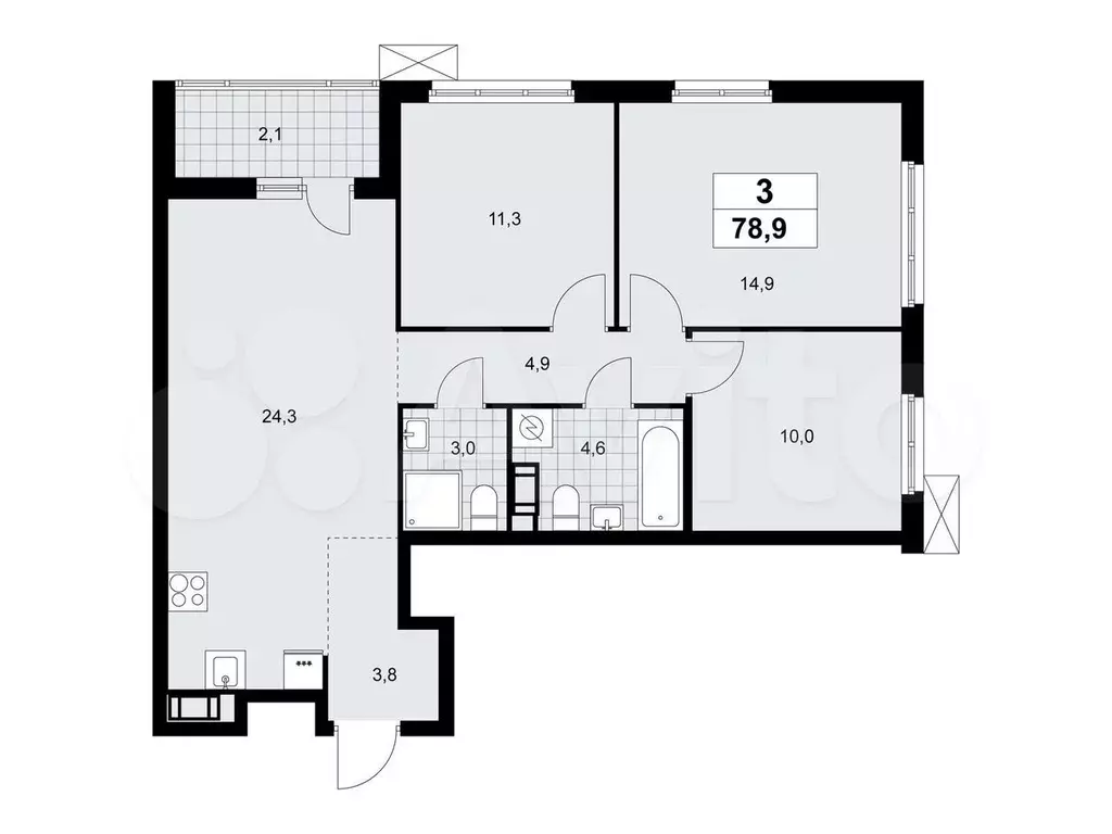 3-к. квартира, 78,9 м, 4/9 эт. - Фото 0