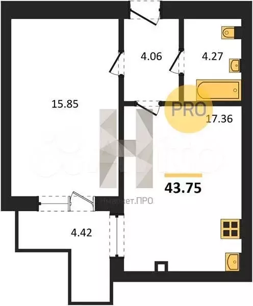 1-к. квартира, 43,8 м, 5/9 эт. - Фото 1