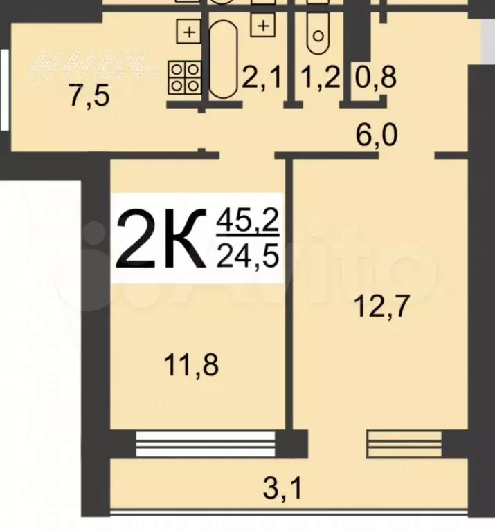 2-к. квартира, 44,8 м, 7/9 эт. - Фото 0
