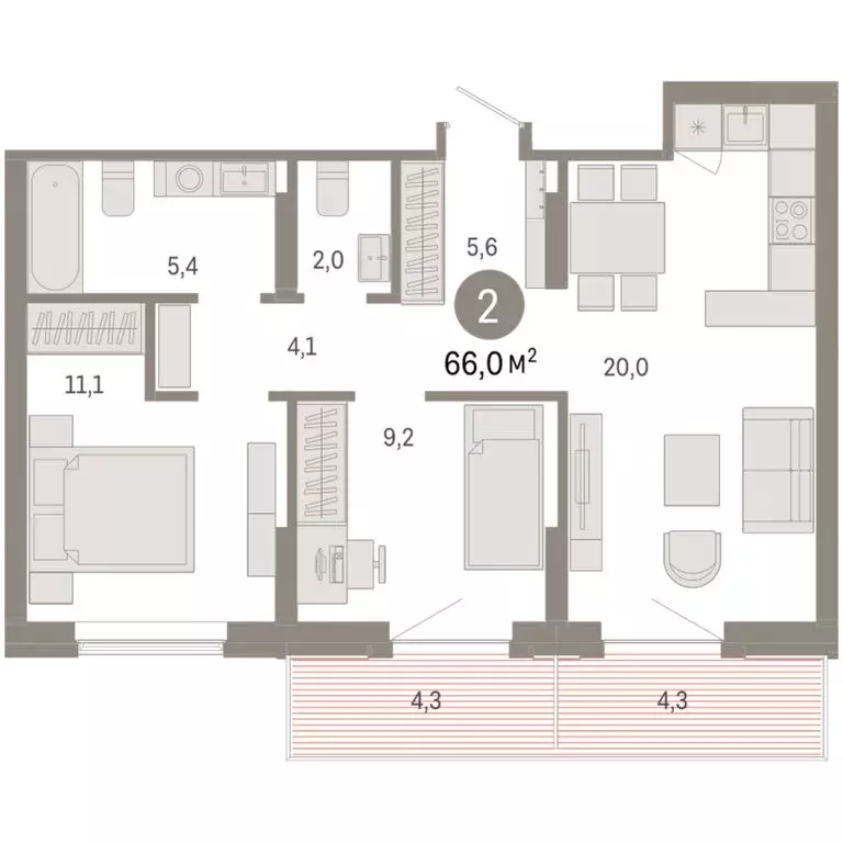 2-комнатная квартира: Омск, Кировский округ (66.03 м) - Фото 1