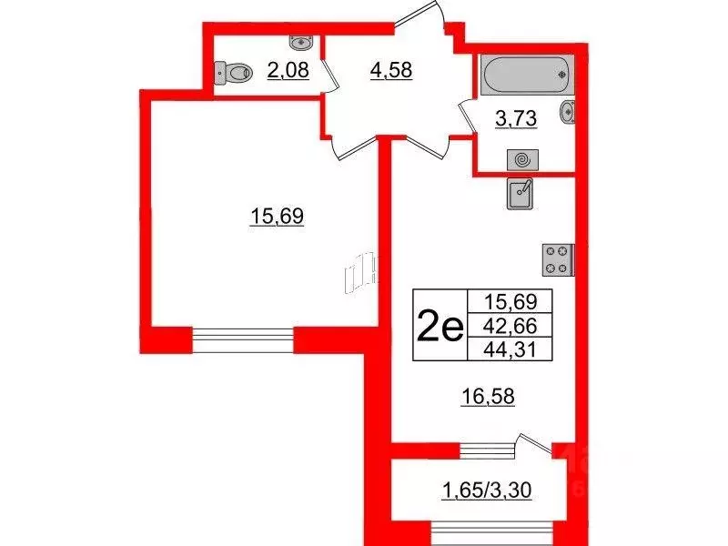 Квартира, 1 комната, 44.31 м - Фото 0