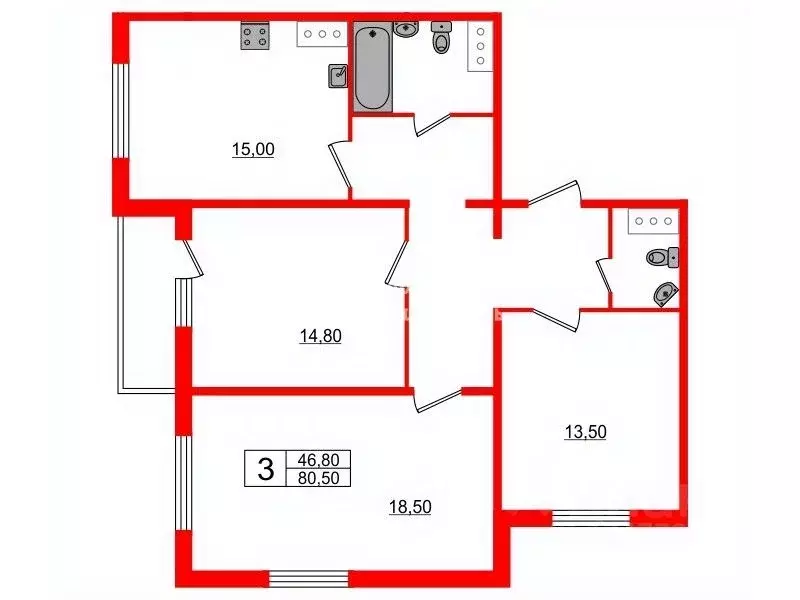 3-к кв. Санкт-Петербург Бестужевская ул., 7к2 (80.5 м) - Фото 1