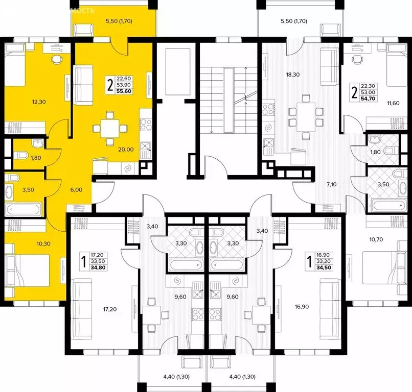 2-комнатная квартира: Сукко, жилой комплекс Кипарис (55.6 м) - Фото 1