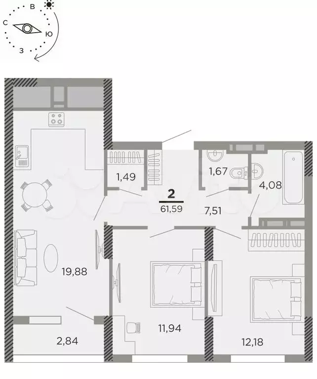 2-к. квартира, 61,6м, 24/24эт. - Фото 1