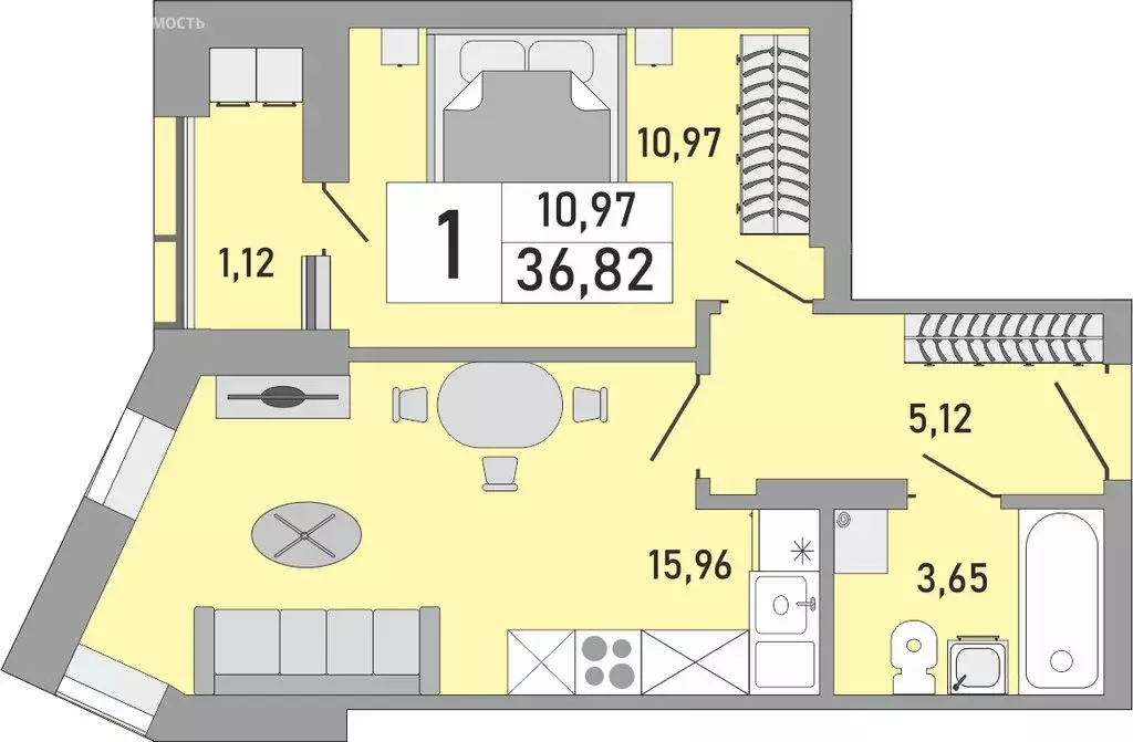 1-комнатная квартира: Уфа, Бакалинская улица, 9/1 (36.82 м) - Фото 1