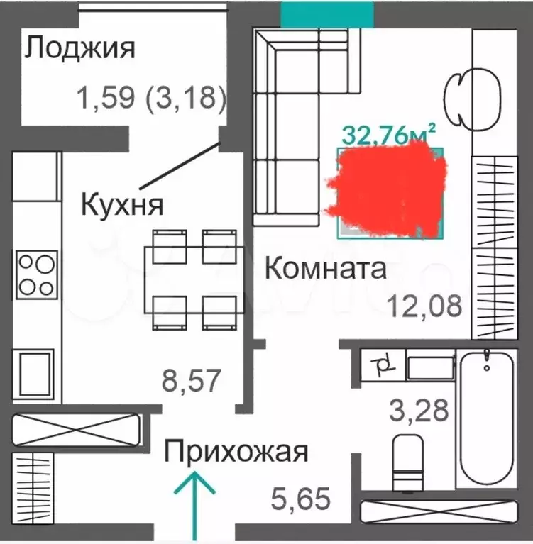 1-к. квартира, 32,8 м, 4/9 эт. - Фото 1