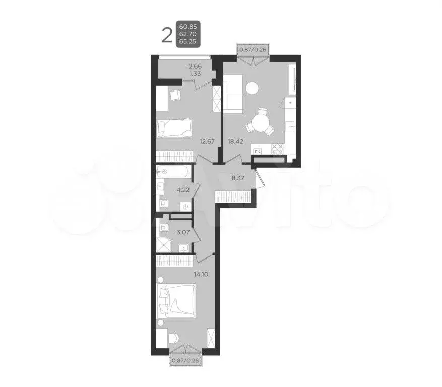 2-к. квартира, 62,6 м, 9/9 эт. - Фото 1