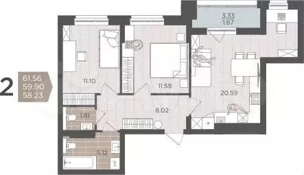 2-к. квартира, 59,9 м, 7/9 эт. - Фото 1