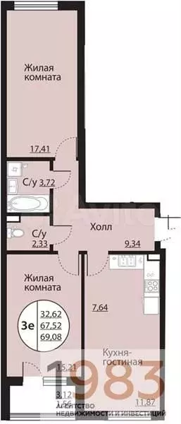 2-к. квартира, 69,1 м, 2/24 эт. - Фото 0