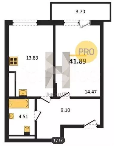 1-к. квартира, 41,9 м, 3/7 эт. - Фото 1