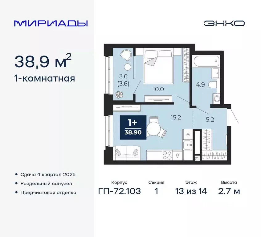 1-к кв. Тюменская область, Тюмень Мириады жилой комплекс (38.9 м) - Фото 0