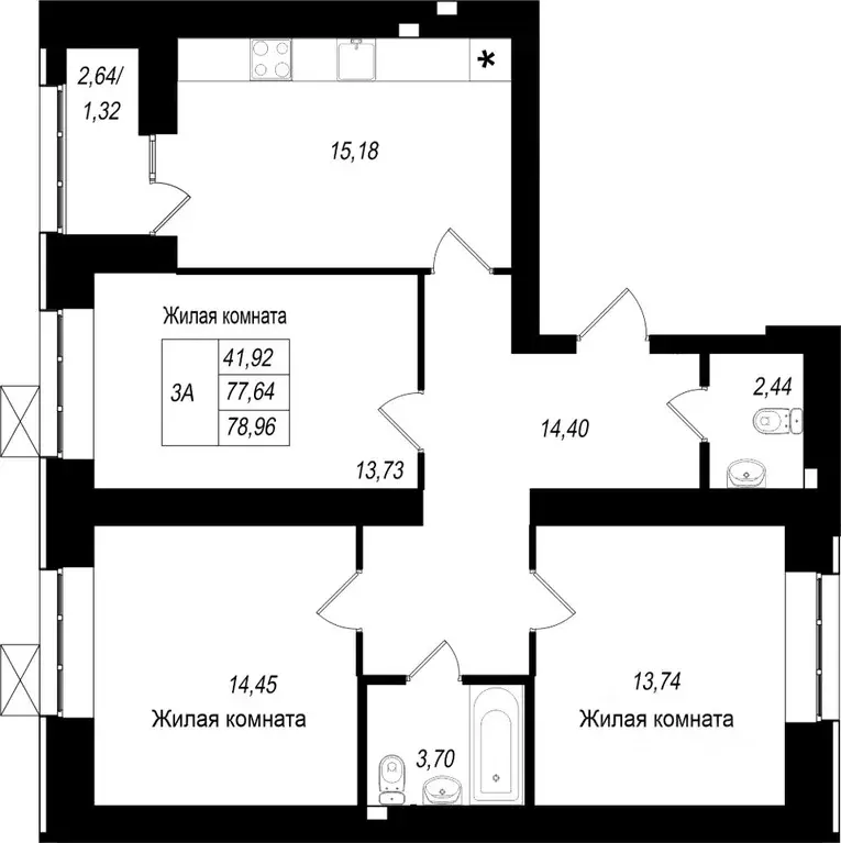 3-к кв. Татарстан, Казань Династия жилой комплекс (78.96 м) - Фото 1