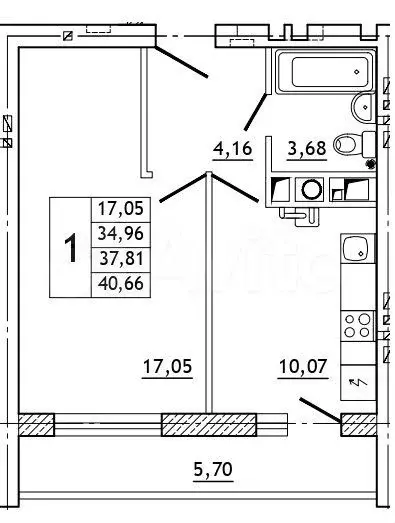 1-к. квартира, 40,7 м, 7/10 эт. - Фото 0