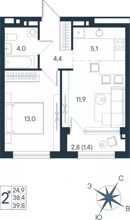 Студия Пермский край, Пермь ул. Космонавта Беляева, 17 (39.8 м) - Фото 1