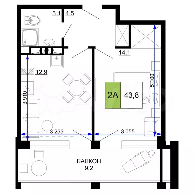 2-к. квартира, 43,8 м, 3/9 эт. - Фото 0