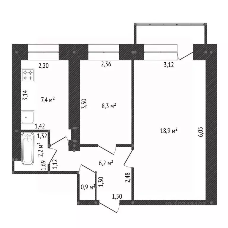 2-к кв. Башкортостан, Уфа ул. Ферина, 8 (44.7 м) - Фото 2