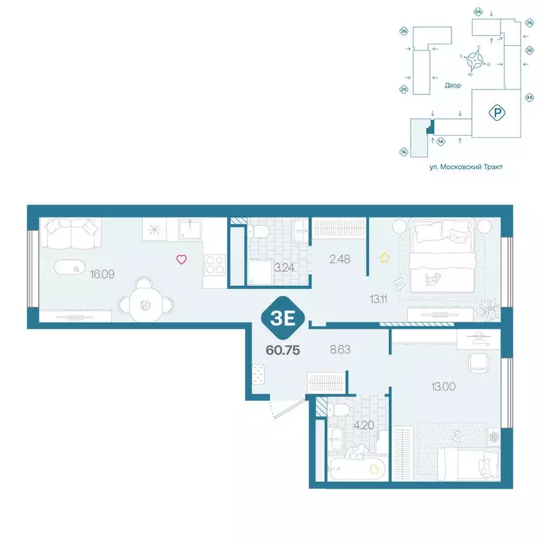 3-комнатная квартира: Тюмень, жилой комплекс Сибирский (60.75 м) - Фото 1