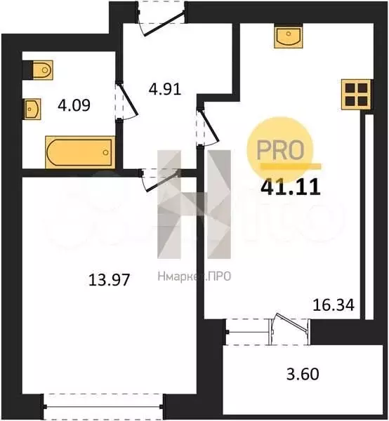 1-к. квартира, 41,1 м, 6/9 эт. - Фото 1