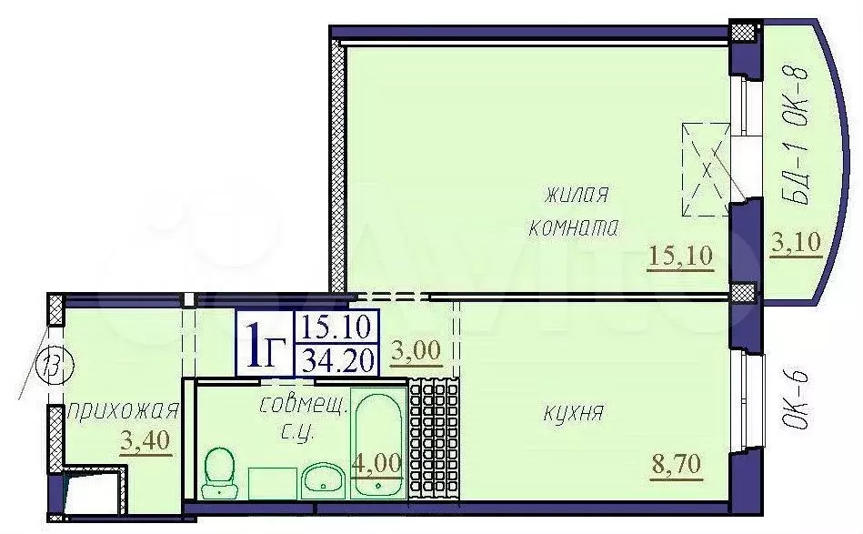 1-к. квартира, 34,2 м, 12/16 эт. - Фото 1