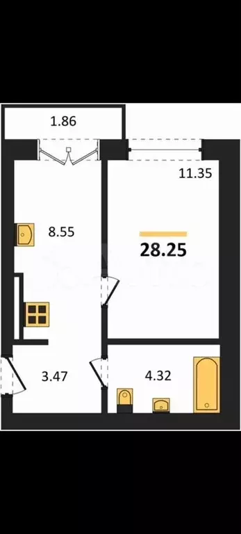 1-к. квартира, 28,3 м, 2/4 эт. - Фото 1