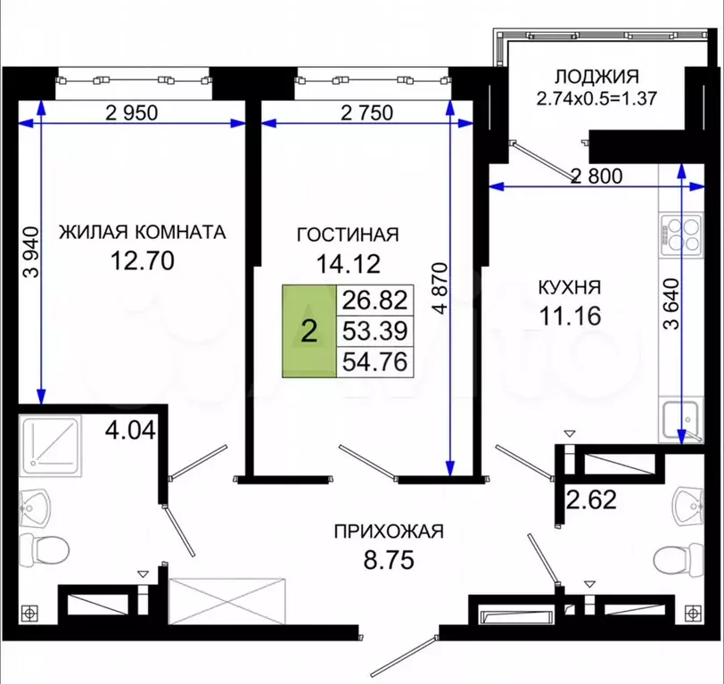 2-к. квартира, 54,8 м, 25/25 эт. - Фото 1