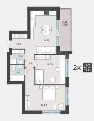 2-к. квартира, 69,7 м, 3/9 эт. - Фото 1