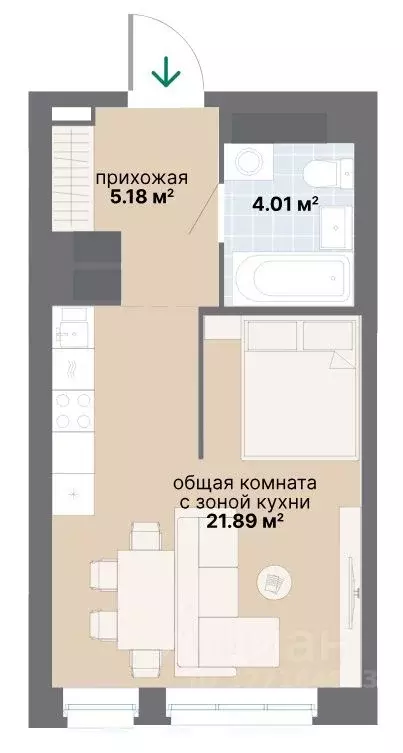 Студия Свердловская область, Екатеринбург ул. Раевского, 6 (31.08 м) - Фото 2