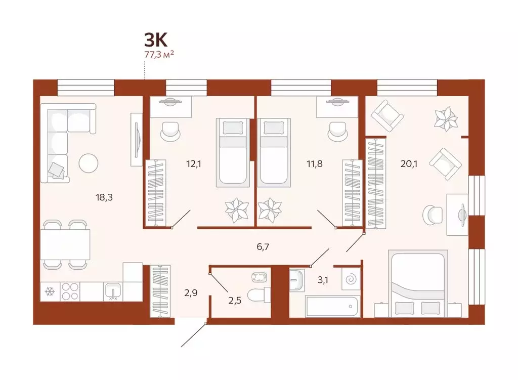 3-комнатная квартира: Тюмень, улица Новаторов, 28 (77.34 м) - Фото 0