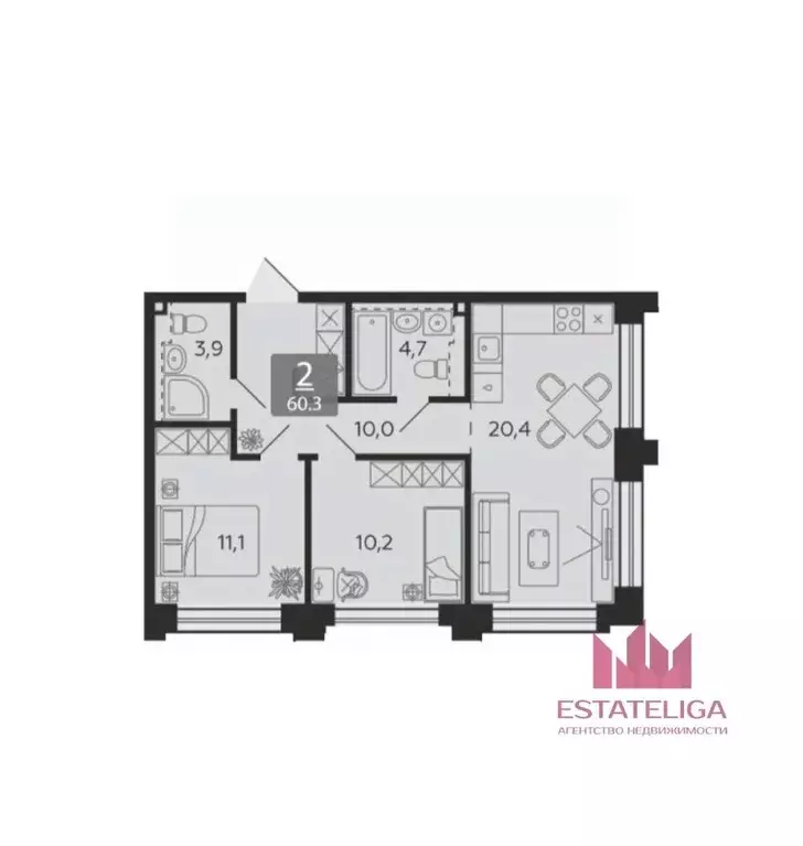 2-к кв. Москва 1-я оч., Шагал жилой комплекс, к13 (60.3 м) - Фото 0