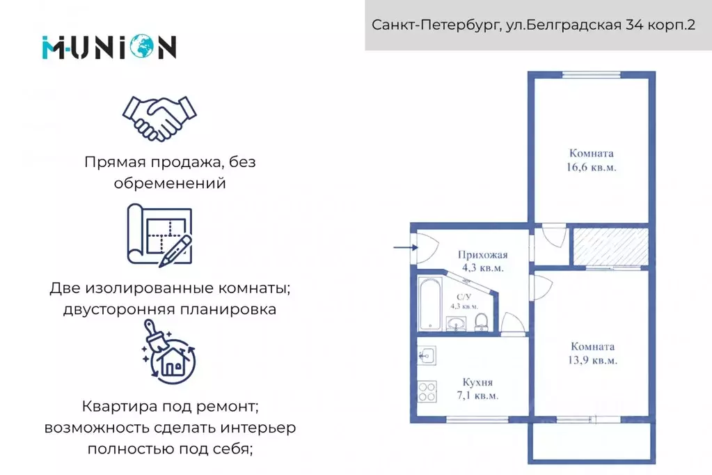 2-к кв. Санкт-Петербург Белградская ул., 34К2 (44.7 м) - Фото 2