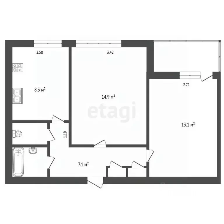 2-к кв. Архангельская область, Новодвинск Двинская ул., 41 (48.0 м) - Фото 2