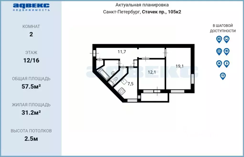 2-к кв. Санкт-Петербург просп. Стачек, 105К2 (56.5 м) - Фото 2