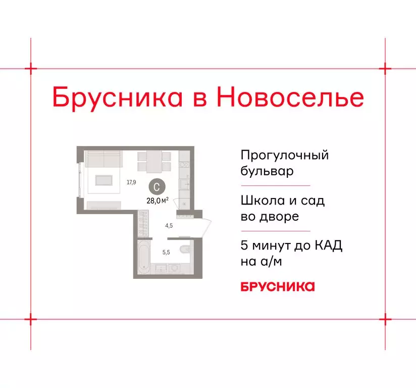 Квартира-студия: городской посёлок Новоселье, ЖК Брусника (27.95 м) - Фото 1