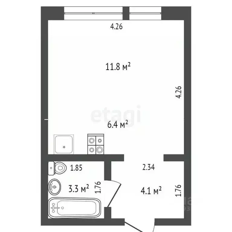 Студия Тюменская область, Тюмень Полевая ул., 117к4 (25.6 м) - Фото 1