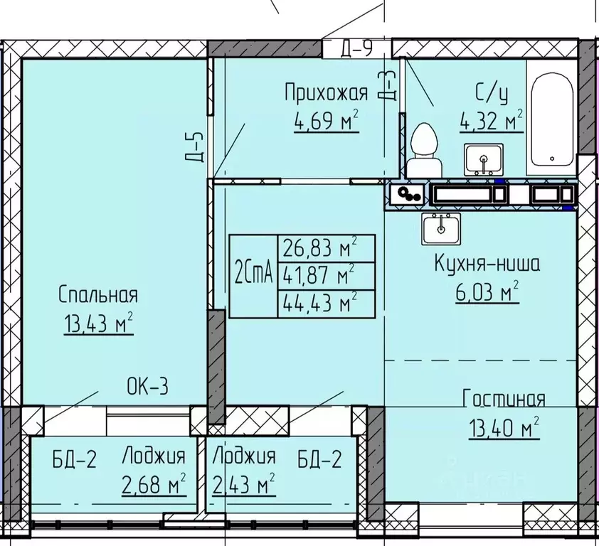 2-к кв. Татарстан, Нижнекамск ул. Баки Урманче, 12 (44.43 м) - Фото 0